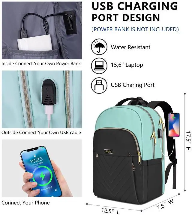 Alt view image 4 of 5 - Backpack for Women, School Bookbag, Laptop Backpack with USB Charging Port, College Student Travel Work Large Backpacks, Waterproof Anti Theft Daypack, Gifts for Women, Turquoise Black