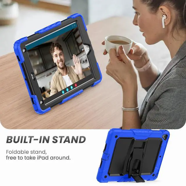 Alt view image 4 of 5 - HXCASEAC Shockproof Case for iPad 6th/5th Generation, Air 2 / Pro 9.7 inch Case with Screen Protector, Built-in Stand, Durable, Protective Cover for iPad 2018/2017/2016/2014 - Blue