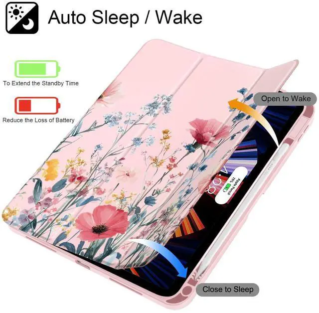 Alt view image 3 of 5 - May Chen Case for iPad Air 11 (M3 2025 / M2 2024) 7th 6th, iPad Air 4 & 5 10.9 Inch 5th 4th (2022/2020) - Pencel Holder + Auto Sleep/Wake, Transparent Shockproof Back Cover, Wildflower