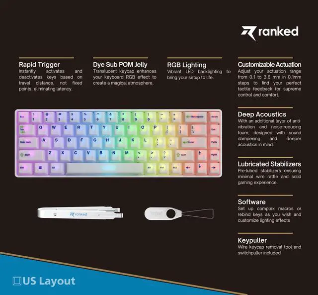 Alt view image 2 of 5 - Ranked Master M65 HE 65% | Rapid Trigger Technology | Magnetic Mechanical Gaming Keyboard | 68 Keys RGB LED for PC/Mac Gamer | US Layout (POM Dye Sub Limited Edition, Clear Switch)