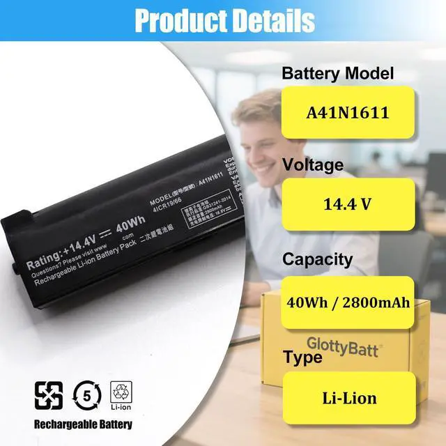 Alt view image 2 of 5 - GlottyBatt A41N1611 Battery Replacement for Asus ROG Strix GL553 GL553VW GL553VD GL553VE FX53VD GL753V GL752VW FX53VD Series Laptop Battery A41LK5H A41LP4Q 40Wh