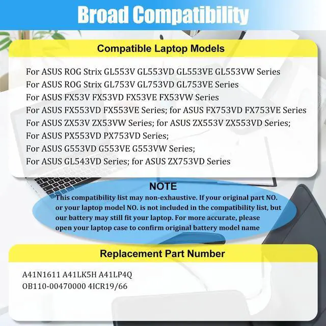 Alt view image 3 of 5 - GlottyBatt A41N1611 Battery Replacement for Asus ROG Strix GL553 GL553VW GL553VD GL553VE FX53VD GL753V GL752VW FX53VD Series Laptop Battery A41LK5H A41LP4Q 40Wh