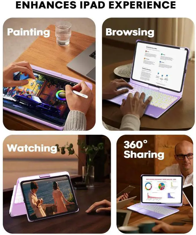 Alt view image 4 of 5 - BABG TouchPad Keyboard Case for iPad 10th Generation&iPad 11th(A16,2025),iPad Air 11M3,M2/iPad Pro 11 inch Keyboard&iPad Air 5th/Air 4th Keyboard, 360°Swivel,7 Use Modes,Rainbow Backlight- Purple