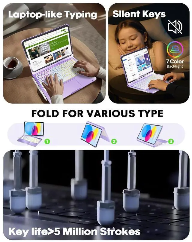 Alt view image 3 of 5 - BABG TouchPad Keyboard Case for iPad 10th Generation&iPad 11th(A16,2025),iPad Air 11M3,M2/iPad Pro 11 inch Keyboard&iPad Air 5th/Air 4th Keyboard, 360°Swivel,7 Use Modes,Rainbow Backlight- Purple