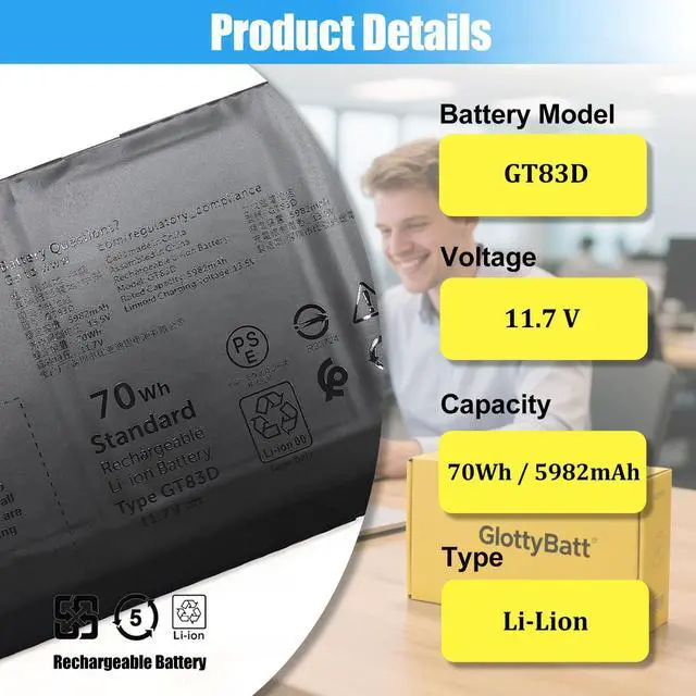 Alt view image 2 of 5 - GlottyBatt GT83D Battery Replacement for Dell XPS 14 9440 Series Laptop Battery 7T7DY N80X2 70Wh