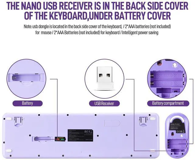 Alt view image 3 of 5 - Wireless Keyboard and Mouse Combo, Full Size Compact Quiet Wireless Keyboard and Mouse Set 2.4G Ultra-Thin Sleek Design for Windows, Desktop, PC, Notebook, Laptop,Round Keys Purple Mixed Punk Color