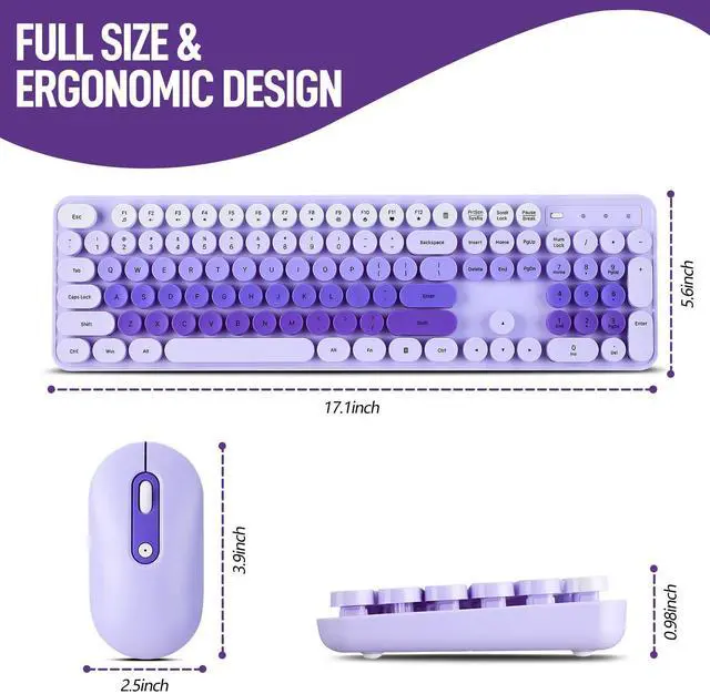 Alt view image 4 of 5 - Wireless Keyboard and Mouse Combo, Full Size Compact Quiet Wireless Keyboard and Mouse Set 2.4G Ultra-Thin Sleek Design for Windows, Desktop, PC, Notebook, Laptop,Round Keys Purple Mixed Punk Color
