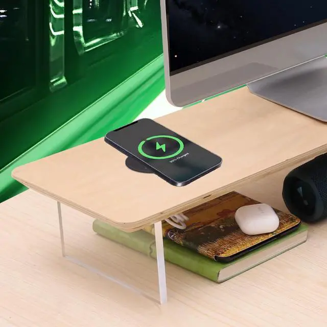 Alt view image 2 of 5 - SUIBIAN White Monitor Stand Riser with Wireless Charging 31.5Inch Large, Computer Monitor Stand,Wooden Desktop Organizer Shelf for Office Desk Computer,Laptop,TV (White Oak)