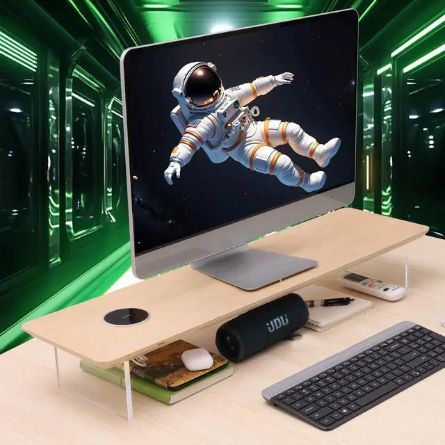 Alt view image 4 of 5 - SUIBIAN White Monitor Stand Riser with Wireless Charging 31.5Inch Large, Computer Monitor Stand,Wooden Desktop Organizer Shelf for Office Desk Computer,Laptop,TV (White Oak)