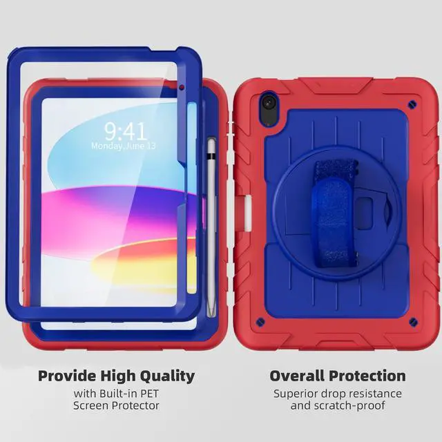 Alt view image 5 of 5 - Stweap Case for iPad 10th Generation 10.9inch 2022,with Built-in Screen Protector and Kickstand,Hand Strap,Shoulder Strap for New Apple iPad 10.9 Inch(Red/Blue)