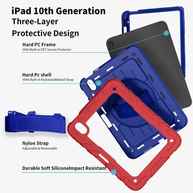 Alt view image 4 of 5 - Stweap Case for iPad 10th Generation 10.9inch 2022,with Built-in Screen Protector and Kickstand,Hand Strap,Shoulder Strap for New Apple iPad 10.9 Inch(Red/Blue)