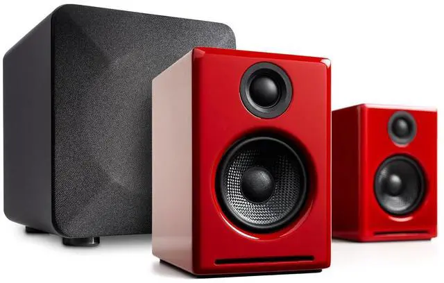 Main image of Audioengine A2 Red Pc Speakers for Desktop and S6 Gray Subwoofer for Music Gaming Movies Studios Dorms Bedrooms Offices