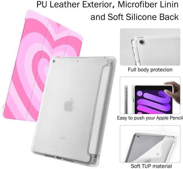 Alt view image 4 of 5 - Idocolors Case Compatible with iPad 10th Generation 2022 10.9 Inch with Pencil Holder, Slim Protective Cover with Clear Back Shell for iPad 10th Gen A2696 A2757 A2777, Auto Wake/Sleep, Pink Love Heart