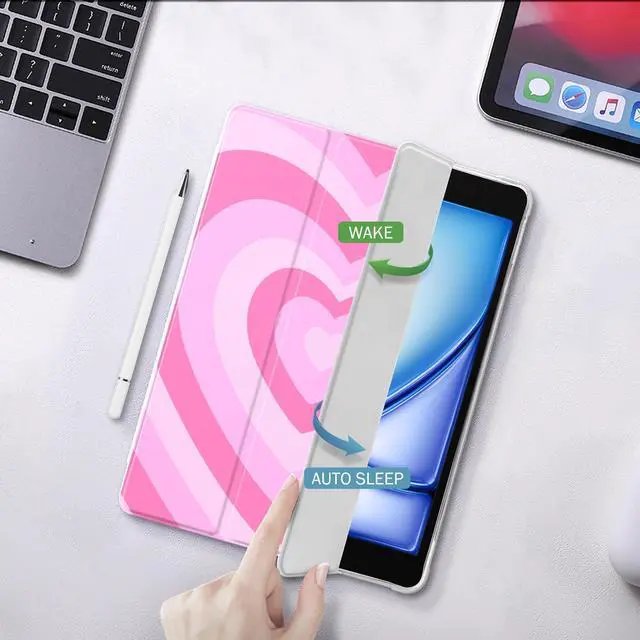 Alt view image 3 of 5 - Idocolors Case Compatible with iPad 10th Generation 2022 10.9 Inch with Pencil Holder, Slim Protective Cover with Clear Back Shell for iPad 10th Gen A2696 A2757 A2777, Auto Wake/Sleep, Pink Love Heart