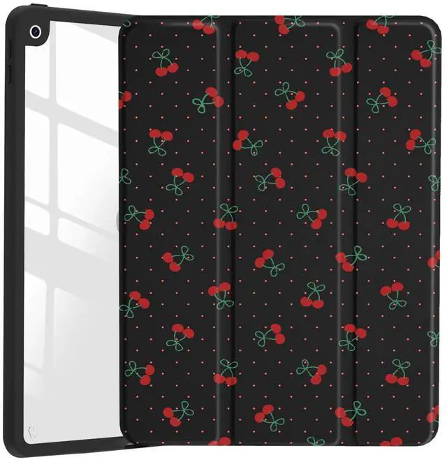 Main image of JOYLAND Cute Cherry Polka Dot Case for iPad 7th/8th/9th Generation, Girly Clear Acrylic Hard Back Black Case with Pencil Holder Trifold Stand Tablet Cover for iPad 10.2" 2019/2020/2021