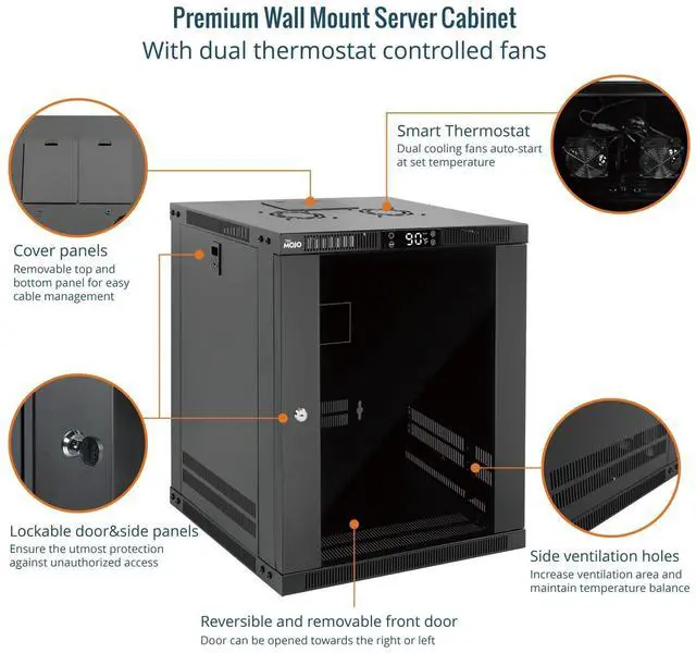 Alt view image 3 of 5 - Tecmojo 12U Wall Mount Rack with Thermostat, 17.7inch Depth Enclosed Server Cabinet with 2 Cooling Fans,Lockable Door & Hardware,12U Rack for 19inch Equipments,Glass Door