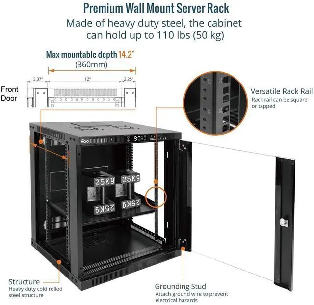 Alt view image 4 of 5 - Tecmojo 12U Wall Mount Rack with Thermostat, 17.7inch Depth Enclosed Server Cabinet with 2 Cooling Fans,Lockable Door & Hardware,12U Rack for 19inch Equipments,Glass Door