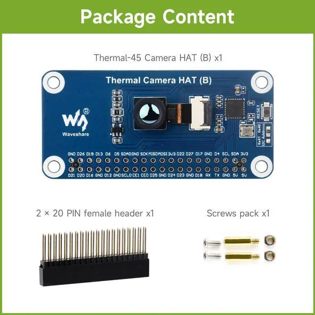 Alt view image 2 of 5 - Waveshare Long-Wave IR Thermal Imaging Camera HAT (B), Compatible with Raspberry Pi 5/4B/3B/Zero/Zero W/Zero 2W/Pico/Pico W/Pico WH, 45° FOV IR Camera, 80×62 Pixels, Standard 40PIN GPIO Header