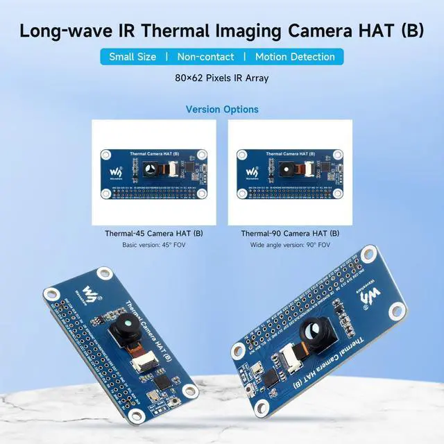 Alt view image 3 of 5 - Waveshare Long-Wave IR Thermal Imaging Camera HAT (B), Compatible with Raspberry Pi 5/4B/3B/Zero/Zero W/Zero 2W/Pico/Pico W/Pico WH, 45° FOV IR Camera, 80×62 Pixels, Standard 40PIN GPIO Header