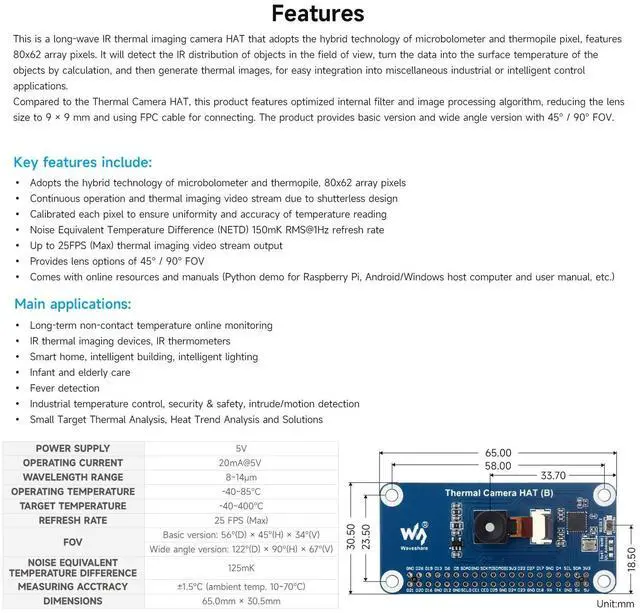 Alt view image 4 of 5 - Waveshare Long-Wave IR Thermal Imaging Camera HAT (B), Compatible with Raspberry Pi 5/4B/3B/Zero/Zero W/Zero 2W/Pico/Pico W/Pico WH, 45° FOV IR Camera, 80×62 Pixels, Standard 40PIN GPIO Header