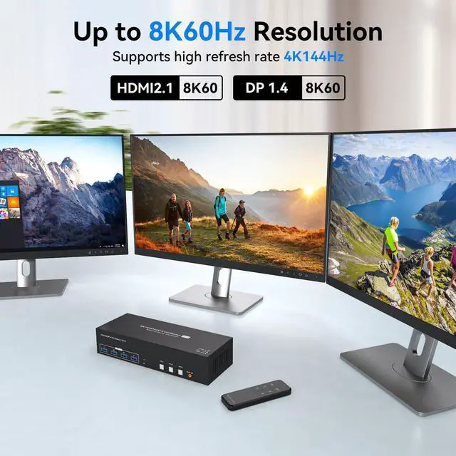 Alt view image 5 of 5 - PVBCTCSID 8K 2 Displayport HDMI KVM Switch 3 Monitors 3 Computers 4K144Hz Triple Monitor KVM for 3 PC Sharing 3 Screens and 4 USB 3.0 Port with Controller