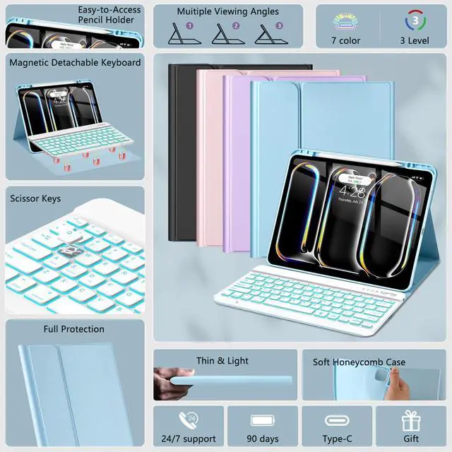 Alt view image 3 of 5 - for iPad Pro 13 Inch (M4) 2024 Case with Keyboard, Magnetic Detachable - 7 Color Backlit Keyboard Case for iPad Pro 13 (M4), Rechargeable Wireless Keyboard Cover with Pencil Holder (Blue)