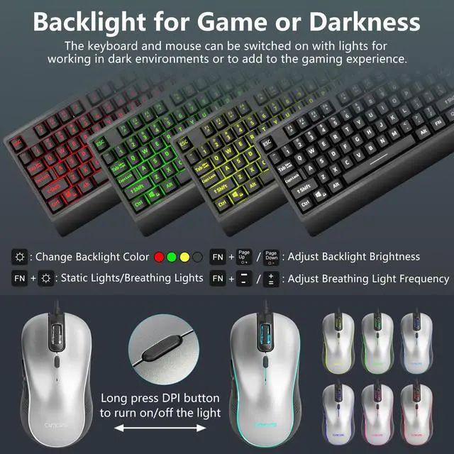 Alt view image 2 of 5 - Large Print Gaming Keyboard and Mouse Combo, Quiet Keyboard with Red-Yellow-Green Backlit, Wrist Rest, Oversized Letters Keys, USB Wired, LED Keyboard with mice Set for Windows,PC, Laptop - Black
