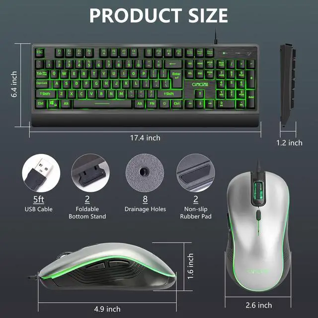 Alt view image 4 of 5 - Large Print Gaming Keyboard and Mouse Combo, Quiet Keyboard with Red-Yellow-Green Backlit, Wrist Rest, Oversized Letters Keys, USB Wired, LED Keyboard with mice Set for Windows,PC, Laptop - Black