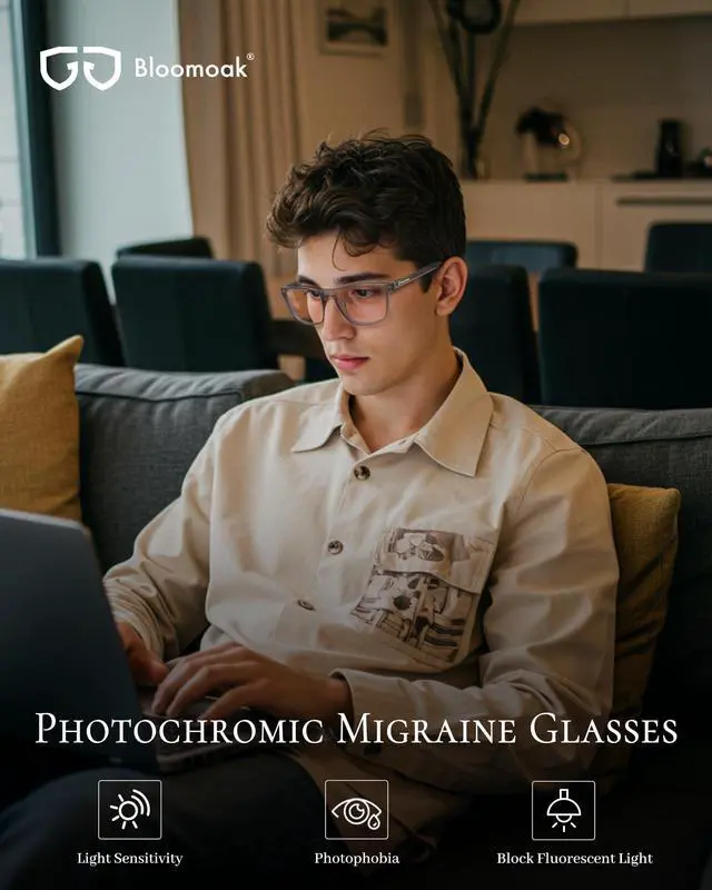 Alt view image 4 of 5 - Bloomoak Rose Tinted Photochromic Migraine Relief Glasses, FL- Flex Pink Light Sensitivity Glasses for Fluorescent LED Glare, Photophobia, Eye Strain