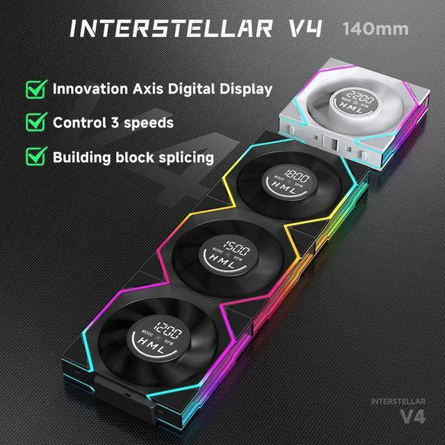 Alt view image 2 of 5 - Jungle Leopard Interstellar V4 140mm Case Fan|Computer Cooling PC ARGB CPU Cooler Daisy Chain Fan|Three-Mode Digital Display|Infinity Mirror Design|600-2100 4Pin PWM Control(Black-1Pc)