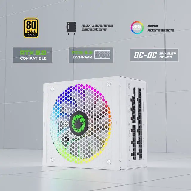 Alt view image 2 of 5 - GAMEMAX 1050W ATX 3.0 & PCIE 5.0 Power Supply, 80+ Gold Certified, Addressable RGB with 5V Motherboard Sync, Fully Modular ATX Gaming Power Supply, 10 Year Warranty, RGB-1050, White Version