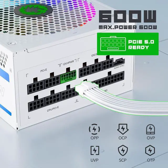 Alt view image 3 of 5 - GAMEMAX 1050W ATX 3.0 & PCIE 5.0 Power Supply, 80+ Gold Certified, Addressable RGB with 5V Motherboard Sync, Fully Modular ATX Gaming Power Supply, 10 Year Warranty, RGB-1050, White Version