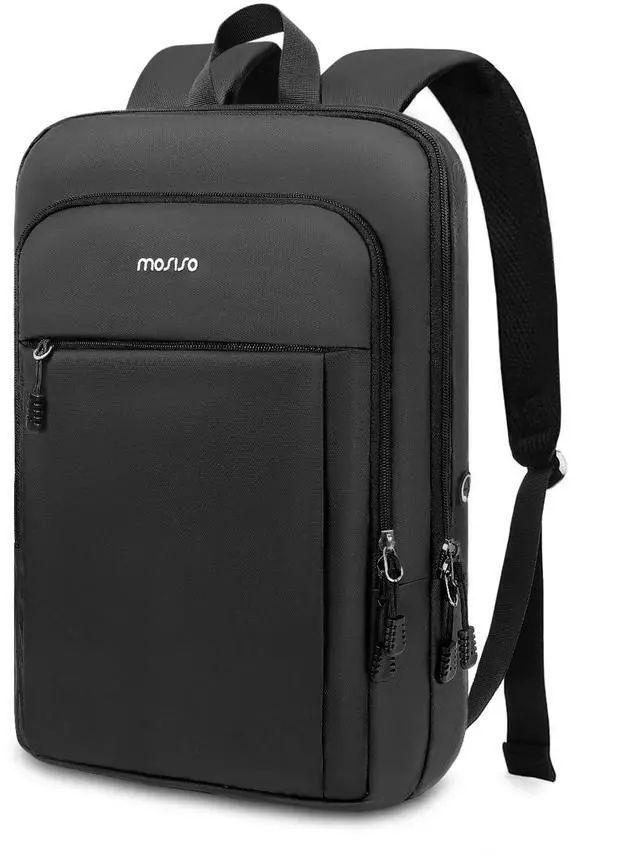 Main image of MOSISO Laptop Backpack for Men, Slim Lightweight Compact Computer Backpack for College Work Business Office Travel, 17.3 inch Waterproof Commute Laptop Bag Casual Daypack with Luggage Strap, Black