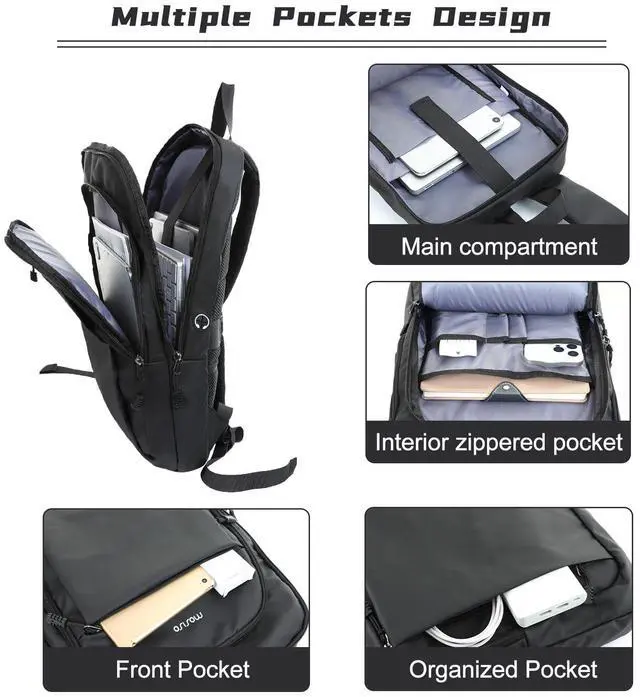 Alt view image 3 of 5 - MOSISO Laptop Backpack for Men, Slim Lightweight Compact Computer Backpack for College Work Business Office Travel, 17.3 inch Waterproof Commute Laptop Bag Casual Daypack with Luggage Strap, Black