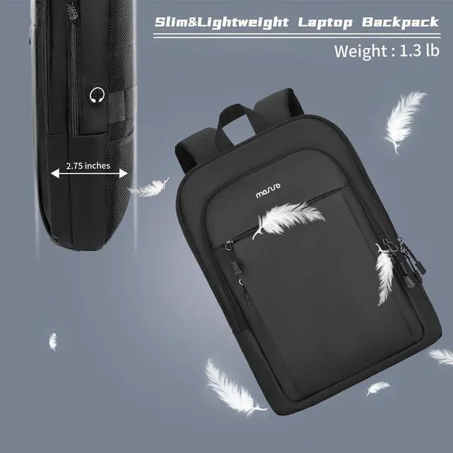 Alt view image 4 of 5 - MOSISO Laptop Backpack for Men, Slim Lightweight Compact Computer Backpack for College Work Business Office Travel, 17.3 inch Waterproof Commute Laptop Bag Casual Daypack with Luggage Strap, Black