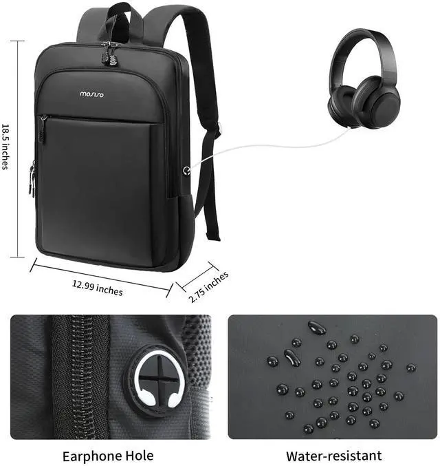 Alt view image 5 of 5 - MOSISO Laptop Backpack for Men, Slim Lightweight Compact Computer Backpack for College Work Business Office Travel, 17.3 inch Waterproof Commute Laptop Bag Casual Daypack with Luggage Strap, Black
