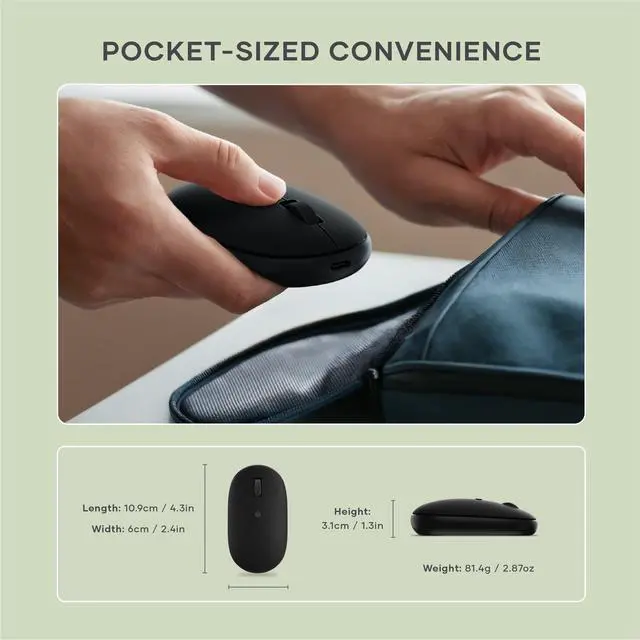 Alt view image 5 of 5 - Satechi OntheGo Bluetooth Mouse with USB C Rechargeable Battery, Connect up 3 Devices, Compact and Portable Wireless Mouse for Laptop, Computer, Tablet  Black