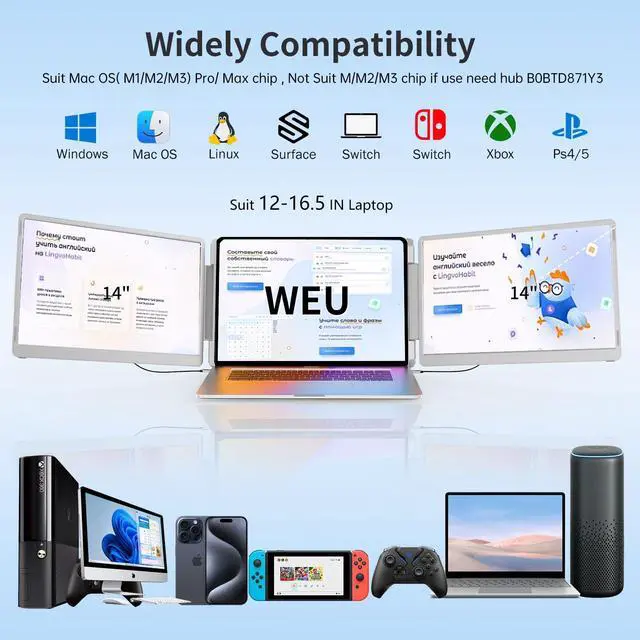 Alt view image 2 of 5 - WEU Laptop Screen Extender, 14" 1200P FHD Triple Monitor for Laptop Extension- 205° Rotate Portable Dual Monitor Screen for 12-16.5" Laptops Type-C/HDMI/USB-A Plug & Play for Wins/Mac/Chro