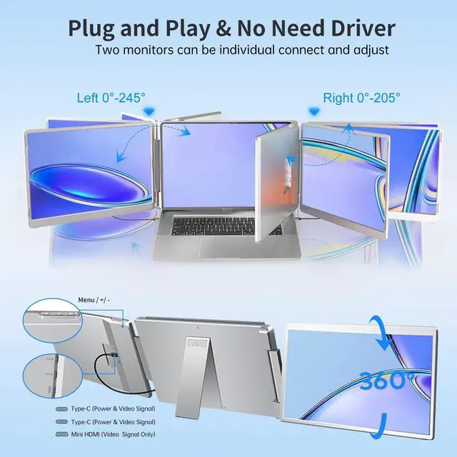 Alt view image 4 of 5 - WEU Laptop Screen Extender, 14" 1200P FHD Triple Monitor for Laptop Extension- 205° Rotate Portable Dual Monitor Screen for 12-16.5" Laptops Type-C/HDMI/USB-A Plug & Play for Wins/Mac/Chro
