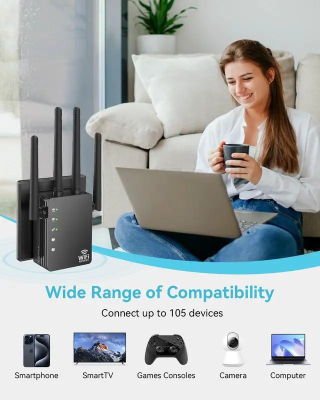 Alt view image 4 of 5 - 12880 Sq.Ft Range WiFi Extender Signal Booster Dual Band 5GHz/2.4GHz, 105-Device Compatibility, Simple Installation, WiFi Extender