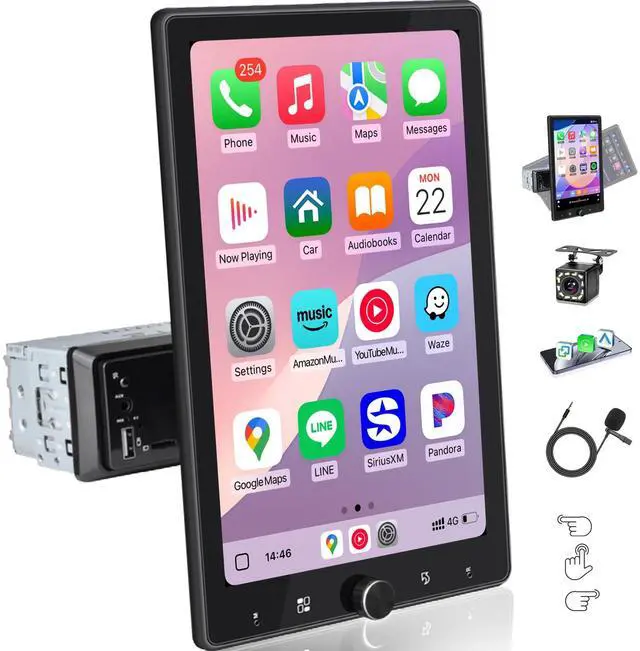 Main image of AmoyJebit 10.4" Single Din Car Stereo Wireless Carplay, Rotating HD 1280 * 800 IPS Display Touchscreen, Car Radio with Bluetooth 5.2, FM Radio, Android Auto, Backup Camera, Big Screen