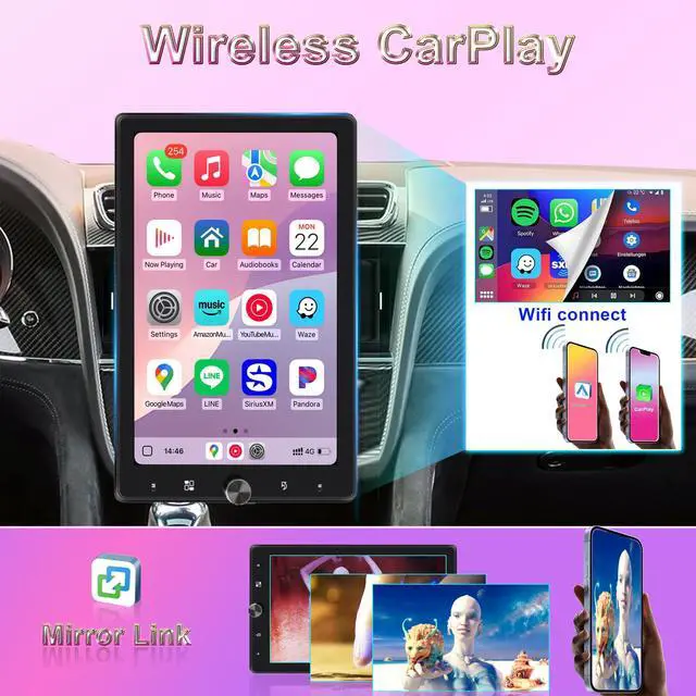 Alt view image 2 of 5 - AmoyJebit 10.4" Single Din Car Stereo Wireless Carplay, Rotating HD 1280 * 800 IPS Display Touchscreen, Car Radio with Bluetooth 5.2, FM Radio, Android Auto, Backup Camera, Big Screen