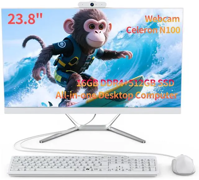 23.8" All in One Desktop Computer for Home Office,All in One Desktop PC,Celeron N100 Processor (Up to 3.40Ghz),4 Core,16GB RAM,512GB SSD,FHD IPS Display,WiFi 5 & BT 4.2,Keyboard & Mouse,Webcam,11 Home