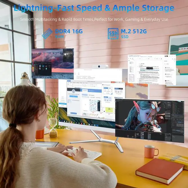 Alt view image 4 of 5 - 23.8" All in One Desktop Computer for Home Office,All in One Desktop PC,Celeron N100 Processor (Up to 3.40Ghz),4 Core,16GB RAM,512GB SSD,FHD IPS Display,WiFi 5 & BT 4.2,Keyboard & Mouse,Webcam,11 Home