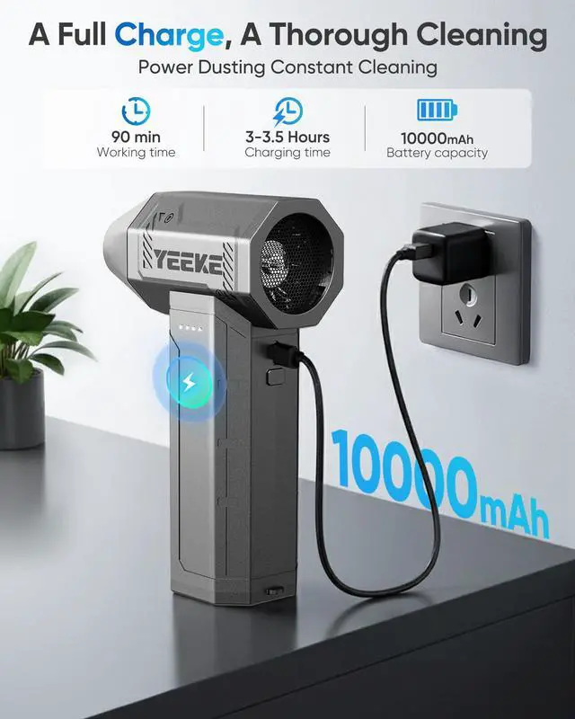 Alt view image 3 of 5 - Yeeke Electric Air Duster, 10000 mAh Compressed Air Duster Fast Charging, 300000 RPM & 400 G Wind Powered by 40 mm Brusheless Motor, 4-Gear Computer Air Duster PC Cleaner with LED Light for Cleaning