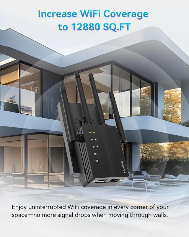 Alt view image 3 of 5 - WiFi Extender Signal Booster, 12880 Sq.Ft Range, 105 Device Compatibility, Dual Band 5GHz/2.4GHz, 1200Mbps, WiFi Extender for Expanded Coverage