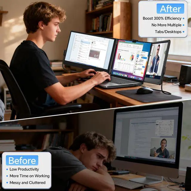 Alt view image 3 of 5 - FEZOBR Laptop Screen Extender, 14'' FHD 1080P IPS Portable Monitor for Laptop, Triple Screen Extender Monitor Plug-Play for Mac/Windows/Chrome, Fit 13-17.3 Laptops