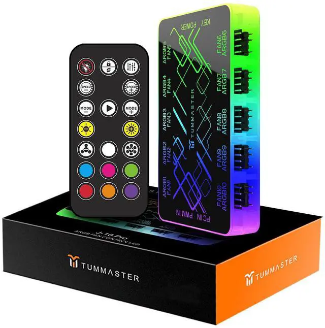 Main image of TUMMASTER ARGB Fan HUB, 9/10 Port 4 Pin PC Fan Controller, 5V-3Pin LED Hub, Magnetic Suction, SATA Power Input,RF Remote & Chassis Key Control,Controller Support ARGB PWM Fans Splitter (J-10 Pro)