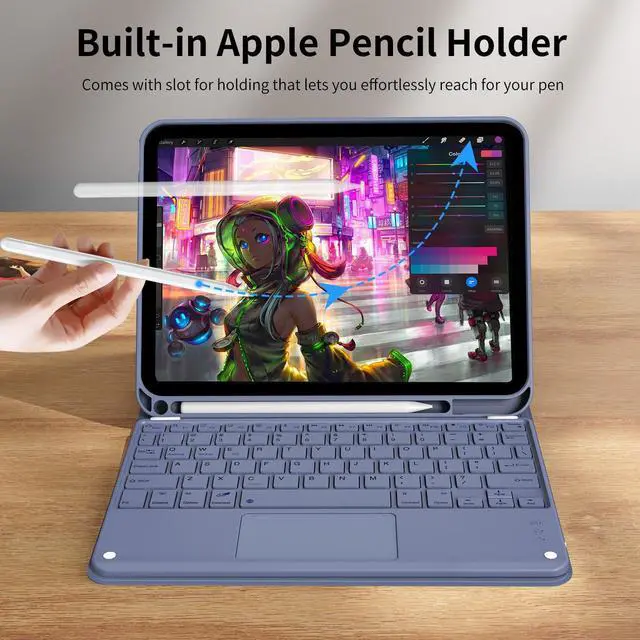 Alt view image 3 of 5 - kenke for iPad 11/10th Gen Case with Keyboard 11/10.9 inch 2025 A16/2022, Detachable Wireless Bluetooth with Left Side Pencil Holder, Multi-Touch Trackpad Backlit Square Gray Keycaps (Purple