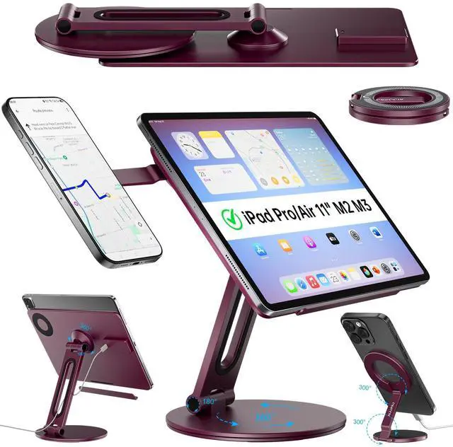 Main image of 2-in-1 Magnetic Wireless Charging Stand for iPad Pro/Air 11" M2 M3 with MagSafe Phone Stand for iPhone 17-12, Multi-angle Adjustable Foldable Aluminum Desk Stand Combo for Work, Kitchen, Drawing
